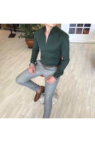 Italyan Stil Slim Fit Dik Yaka Saten Erkek Gömlek Yeşil T4743