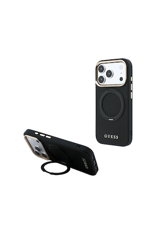 Apple Uyumlu iPhone 18 Pro Kılıf Guess Lisanslı M-safe Özellikli 360 Standlı Pu Metal Yazı Logolu Kapak Siyah