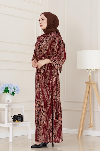 Sevitli Leopar Desenli Beli Tünelli Viscon Elbise-bordo-5087 Bordo