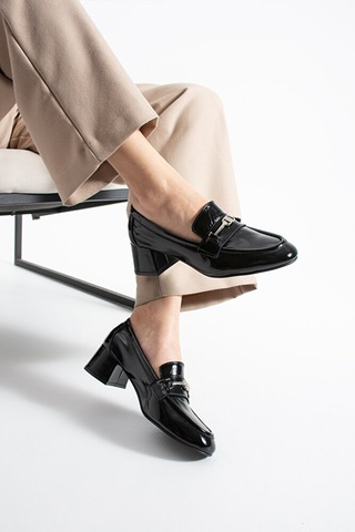 Dericia Shoes Calista Hakiki Deri Rugan Kadın Kalın Topuklu Ayakkabı Siyah