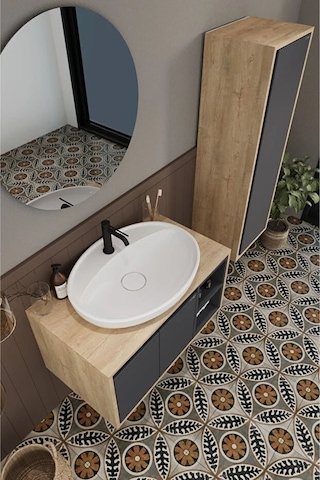 Gül 80 Cm %100 Mdf Lavabolu Banyo Dolabı Ayna Alt Dolap Lavabo Boy Dolabı Antrasit