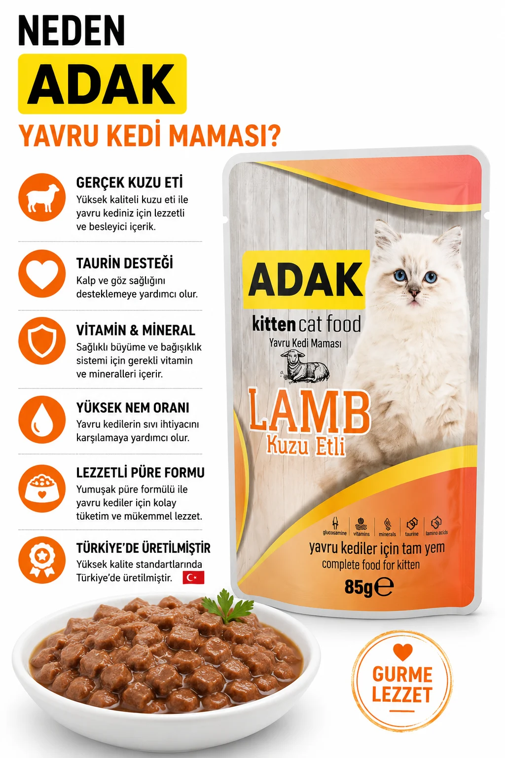 Adak Kitten Yavru Kedi Yaş Mama Pouch Kuzu Etli 85 Gr X 24 Adet 24 Al 20 Öde