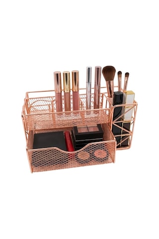 Temel Rose Gold Metal Mesh Masaüstü Organizer Çekmeceli Çok Bölmeli 21.8x11.5x11 Cm 9510