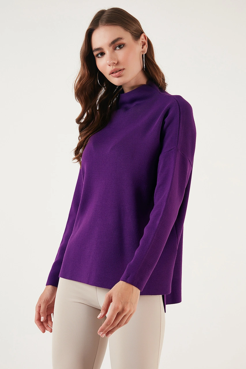 Lela Pamuklu Arkası Uzun Dik Yaka 2'Li Paket Triko Bayan Kazak 4615002S2 Mürekkep-Mor
