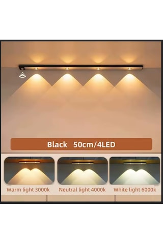 Siyah Renk 4 Led 50 Cm Hareket Sensörlü Led Işık Tezgah Altı Ofis Ev Led Lamba Çok Renkli