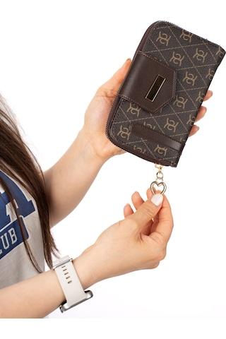 Newish Polo Kadın Deri Desenli Telefon Kağıt Para Bölmeli Kartlık Ve Cüzdan - New412 Kahverengi