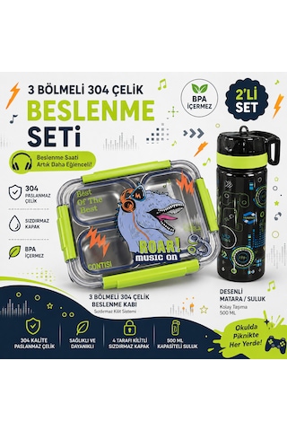Muzeko Su Mataralı 3 Bölmeli Paslanmaz Çelik Yemek Kabı Sızdırmaz Kapaklı, Suluklu Taşınabilir Beslenme Kabı Mavi 2086 800+600ml Açık Yeşil