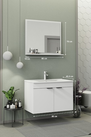 Biani Fix Arya 85 Cm Banyo Dolabı,Seramik Lavabolu, Aynalı,Lavabo Dahil,Mdf,Mat Beyaz