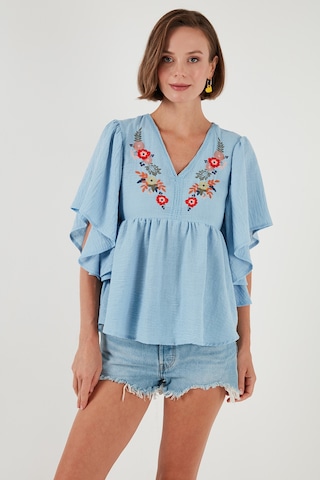 Lela Nakışlı Yarasa Kollu Bayan Bluz 611Bz0409 Bebe Mavi