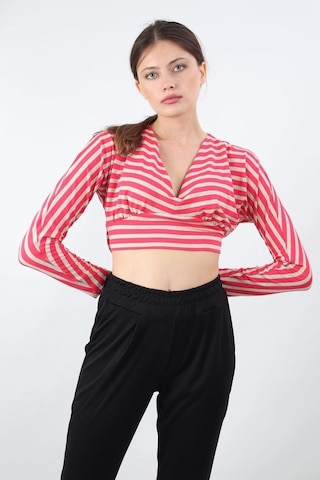 Alexandergardı Çizgili Crop Bluz, Bej-Pembe (B19-153401)