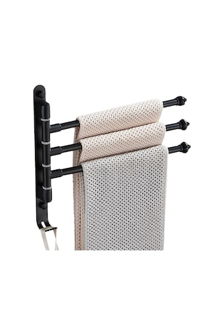 Youmex Siyah 3 Çubuklu Alüminyum Tırnaklı/ Tırnaksız 180 Döner Banyo Havluluk, Çekmece Ve Duvar Montajlı, 5kg Yüke Dayanıklı, Çok Amaçlı Kanca Siyah