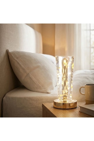 Silindirik Kristal Altın Toz Model Led Masa Lambası Gold Tabanlı, Dokunmatik, 3 Renk Işık Modlu, Şarjlı Mode Renkli