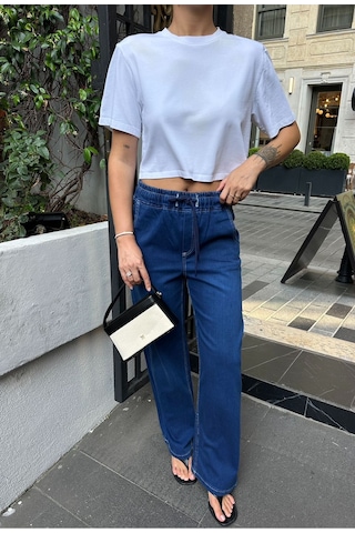 Kene Jeans Yüksek Bel/beli Lastikli Bağıcıklı Bol Paça Jeans Lacivert