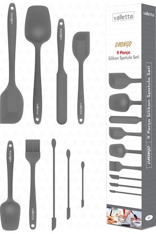 Valletta Drongo Kavanoz Sıyırıcılı Silikon Spatula Seti 9 Parça Gri