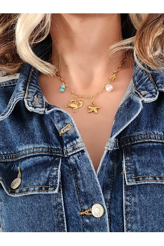 Yengeç İnci Firuze Taş Model Charmlı Yaz Beach Plaj Tatil Kolye 46cm Gold