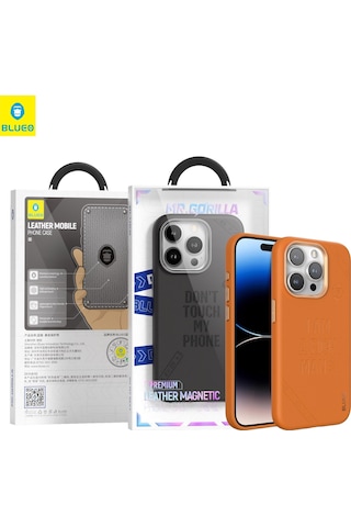 Blueo Apple Uyumlu iPhone 14 Pro Max Turuncu Deri Punk Premium Telefon