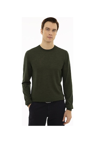 Cacharel Haki Slim Fit Bisiklet Yaka Basic Triko Kazak Yesıl