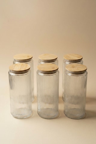 6'lı Set Bambu Vakum Kapaklı Cam Saklama Kabı 1350 Ml Çok Renkli