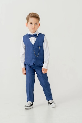 Erkek Çocuk Yelekli Slim Fit Takım Elbise 4 Parça Yelek, Pantolon, Gömlek, Papyon Te.7026 Saks Mavi