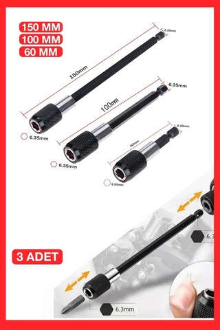 Profesyonel Paslanmaz Vanadium Çelik 6 10 15 Cm 3 Lü Bits Uzatma Adaptörü 3 Adet