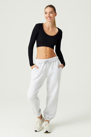 Los Ojos X Melodi Siyah Pamuklu Fitilli Uzun Kollu Crop Spor Bluz Long Sleeve Siyah