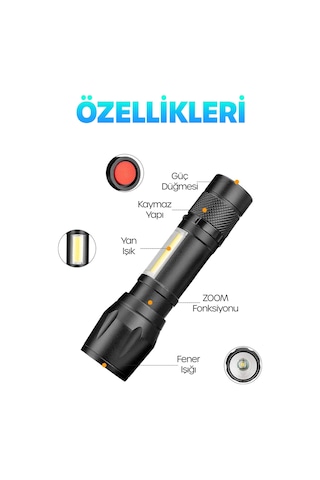 3 Mod Metal Şarjlı El Feneri Zoomlu Mini Boy Type-c Kutulu Cob Led Lamba Acil Durum Işığı 47701 Siyah