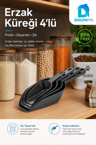 4'lü Erzak Küreği Seti Bakliyat Un Şeker Mama Ölçü Ve Aktarma Küreği Siyah Bpa İçermez