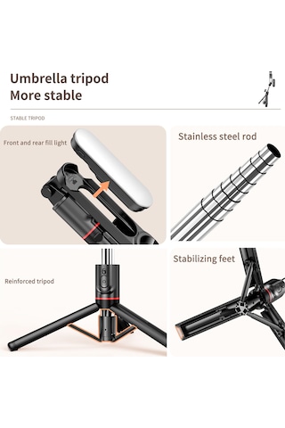 Kangvka 111cm/43.7" Çok İşlevli Telefon Ayaklı Tripod: 7 Bölmeli Genişletilebilir, Yedekleyici Led Işık, Uzaktan Kumanda, Android/ios Uyumlu Bt 4.2, 10m Mesafe