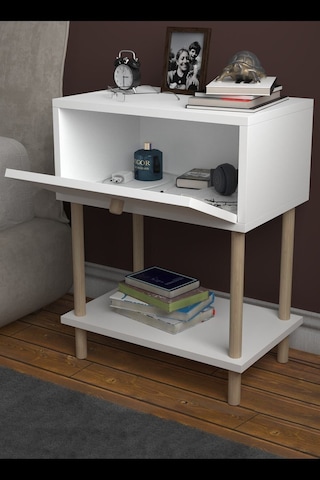 Düşer Kapaklı Raflı Modern Komodin Yatak Odası Başucu Düzenleyici Ahşap Ayaklı Yan Sehpa - Beyaz Beyaz