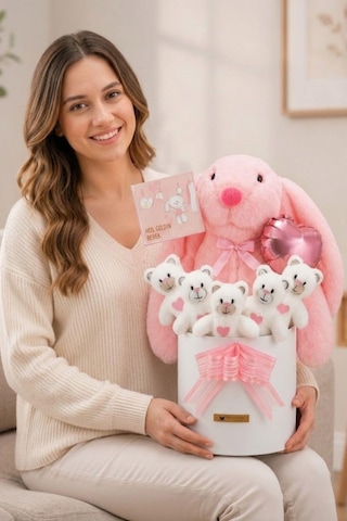 Yenidoğan Kız Bebek Hediyesi Baby Shower Tavşan Uyku Arkadaşı Ve Pembe Peluş Ayıcık Buketi