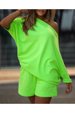 Kadın Kayık Yaka Salaş Iki Iplik Bluz Ve Şort Ikili Takım Yeşil