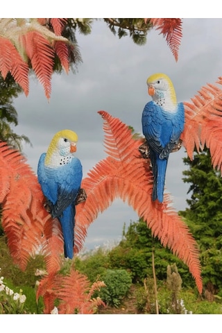 2 Adet Mavi El Boyaması Muhabbet Kuşu Duvar Balkon Bahçe Süsü