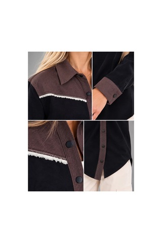 Duygu Altıntaş Kadın Siyah Kahve Garnili Çıtçıtlı Oversize Gömlek Western Tarz Uzun Kollu Şık Gömlek Siyah - 932399763 Siyah - 932399763 Siyah