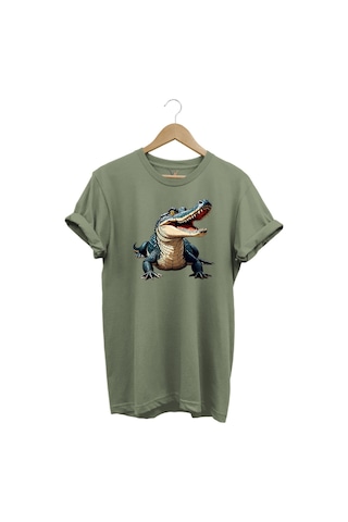 Timsah Baskılı %100 Pamuk Regular Fit T-shirt Haki