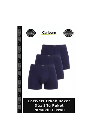 Carlburn Lacivert Erkek Boxer Düz 3'lü Paket Pamuklu Likralı Hediyelik İç Giyim Ürünü Klasik Tarz