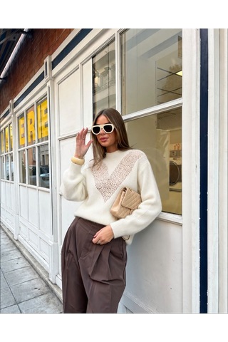 Diva Butik Transparan Detaylı Yumuşak Doku Kazak Açık Bej