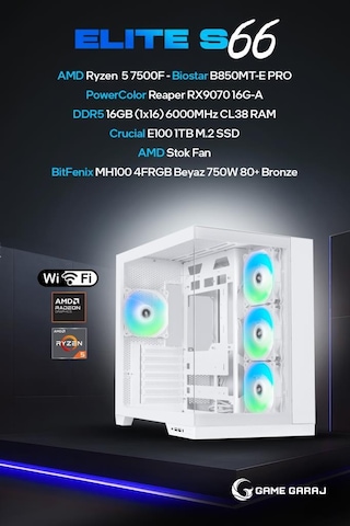 Game Garaj Elite S66 R5-7500F 16 GB 1 TB SSD RX9070 Free Dos Masaüstü Oyuncu Bilgisayarı