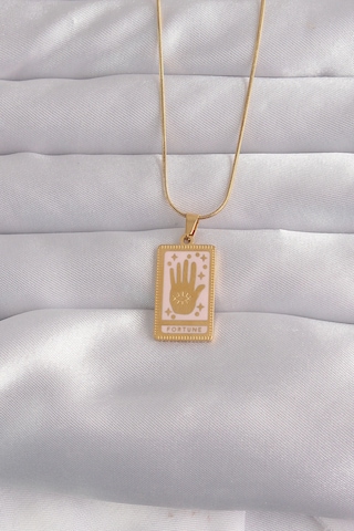 316l Çelik Gold Renk Pembe Mineli El Figür Tarot Kolye Altin