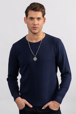 Tudors Slim Fit Dar Kesim Bisiklet Yaka Petek Desenli Erkek Kazak-23477 Lacivert