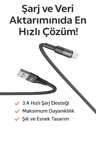 Apple Uyumlu iPhone 1 Metre Lightning Hızlı Şarj Ve Veri Aktarım Kablosu 3a Güçlü Akım Naylon Örgü Dayanıklı Tasarım