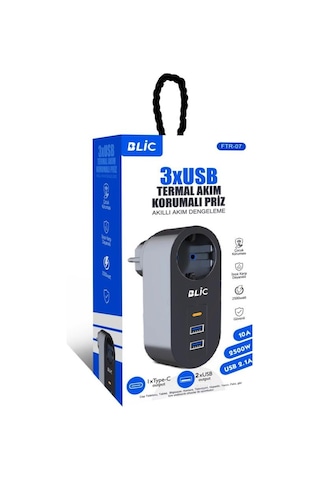 Blic FTR-07 2xUSB 1xTypeC Termal Akım Korumalı Isıya Dayanıklı Tekli Priz