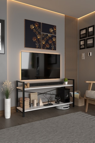 Exen Tv Ünitesi Dekoratif 2 Raflı Metal Ayaklı Tv Sehpası Beyaz