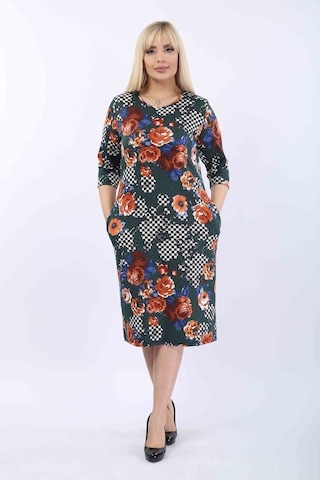 Desenli Cepli Büyük Beden Elbise 37C-2009 Yeşil