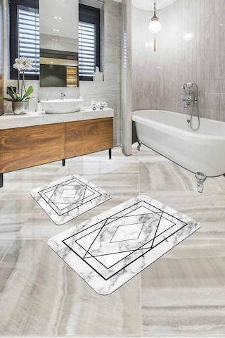 Beyaz Mermer Görünümlü Banyo Halısı Klozet Paspas Seti Bs344n11 Kırık Beyaz