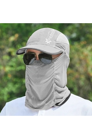 Captain Fisherman Style Cap Jf-06 Katlanır Fileli Şapka + Çıkarılabilir Yüz Koruma Gri