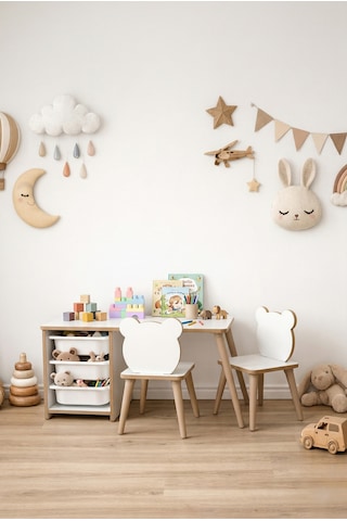 Çocuk Masa Sandalye Takımı-3 Sepetli Çalışma Ve Aktivite Masası-yaz-sil Yüzey-2 Panda Sandalye Beyaz