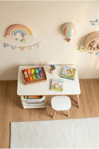 Çocuk Masa Takımı 90x45 Cm 3 Sepetli Çocuk Çalışma Masası Aktivite Masası Yaz-sil 1 Adet Tabureli Beyaz