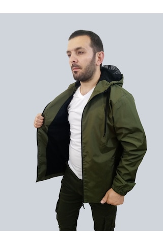 Erkek Kapüşonlu File Detaylı Haki Yağmurluk Haki
