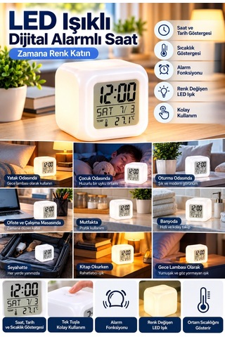 Led Aydınlatmalı Küp Saat Dijital Alarm Tarih Ve Sıcaklık Göstergeli Diğer