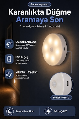 Hareket Sensörlü Şarjlı Spot Lamba Mıknatıslı Led Gün Işığı Beyaz
